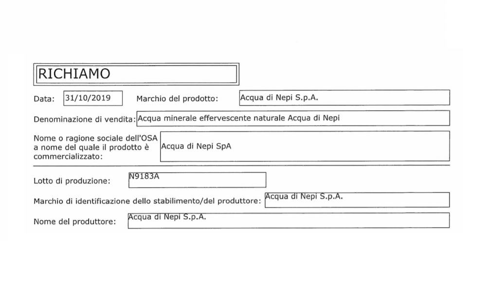 Acqua di Nepi lotto ritirato dal mercato