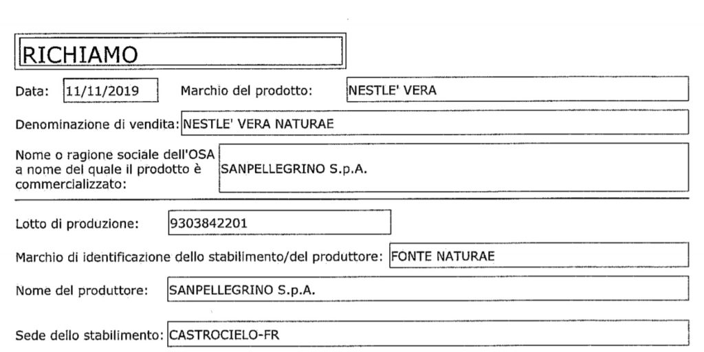 Acqua Vera ritirata dal mercato lotto